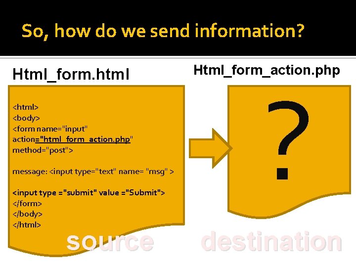 So, how do we send information? Html_form. html <html> <body> <form name="input" action="html_form_action. php"