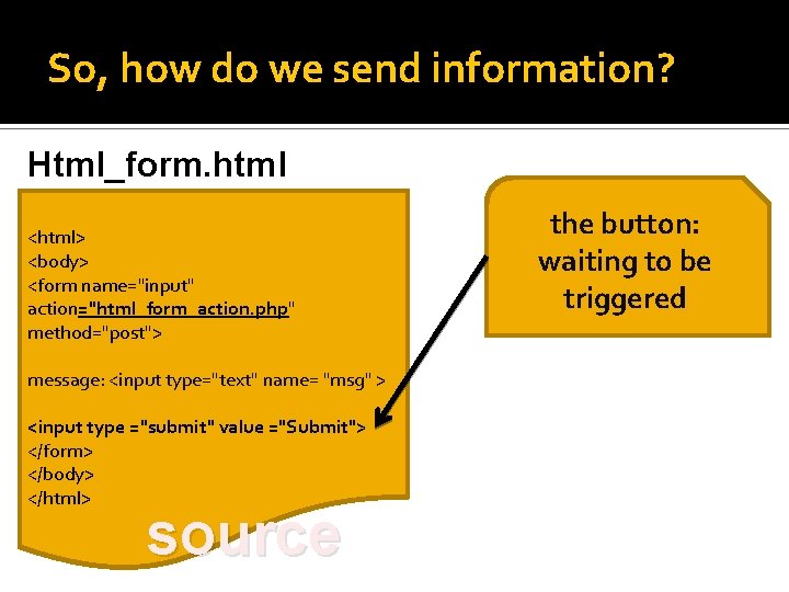 So, how do we send information? Html_form. html <html> <body> <form name="input" action="html_form_action. php"