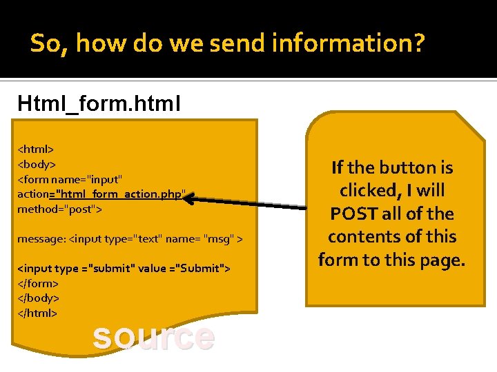 So, how do we send information? Html_form. html <html> <body> <form name="input" action="html_form_action. php"