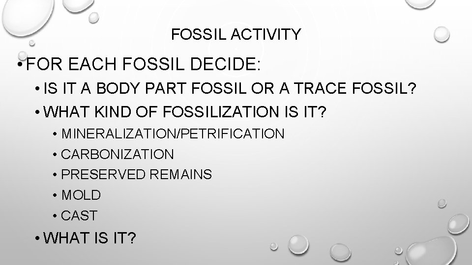 FOSSIL ACTIVITY • FOR EACH FOSSIL DECIDE: • IS IT A BODY PART FOSSIL