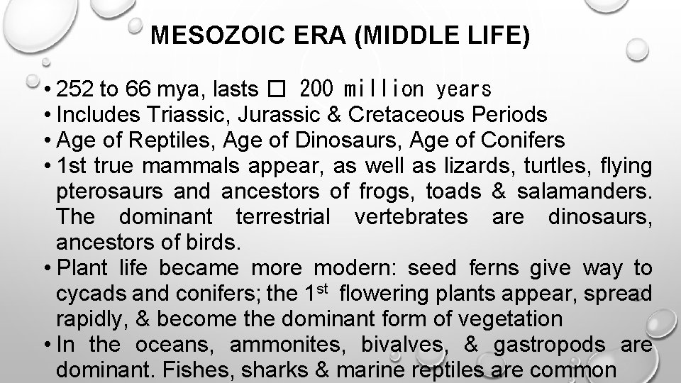 MESOZOIC ERA (MIDDLE LIFE) • 252 to 66 mya, lasts � 200 million years