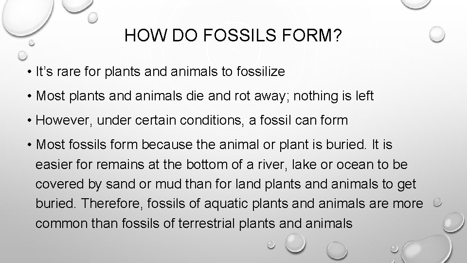 HOW DO FOSSILS FORM? • It’s rare for plants and animals to fossilize •