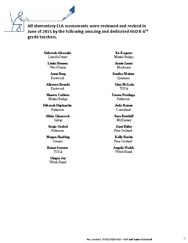 All elementary ELA assessments were reviewed and revised in June of 2015 by the