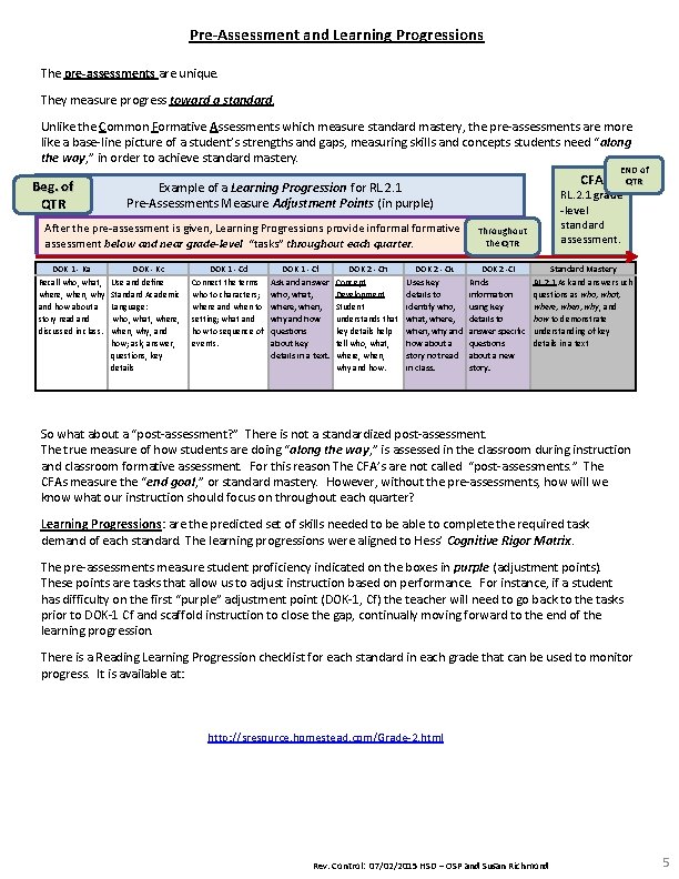 Pre-Assessment and Learning Progressions The pre-assessments are unique. They measure progress toward a standard.