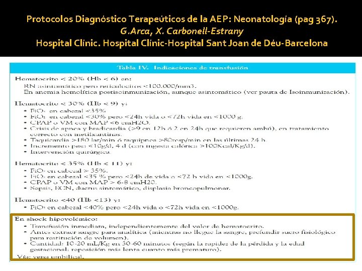 Protocolos Diagnóstico Terapeúticos de la AEP: Neonatología (pag 367). G. Arca, X. Carbonell-Estrany Hospital