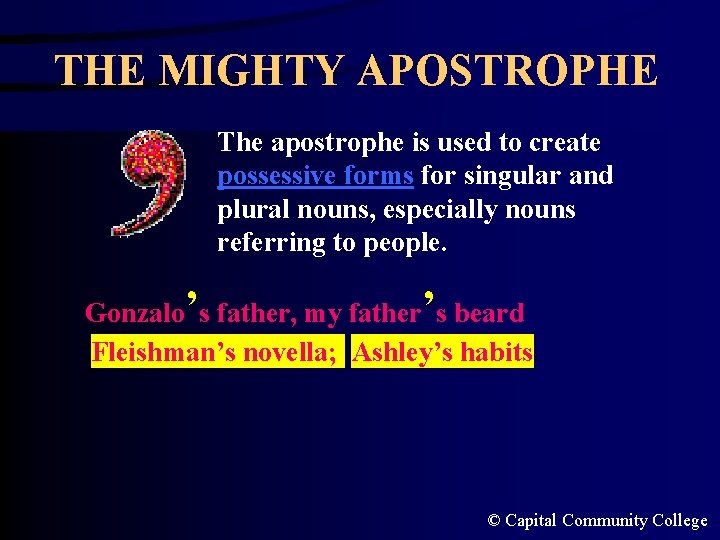 THE MIGHTY APOSTROPHE The apostrophe is used to create possessive forms for singular and