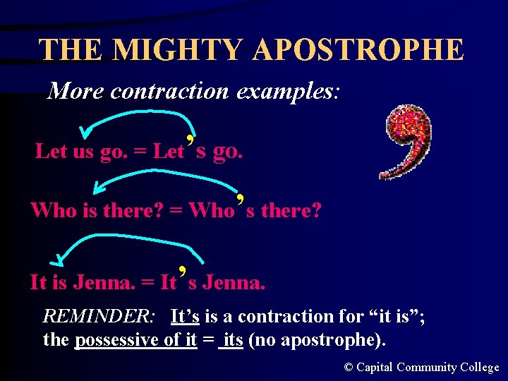 THE MIGHTY APOSTROPHE More contraction examples: Let us go. = Let’s go. Who is