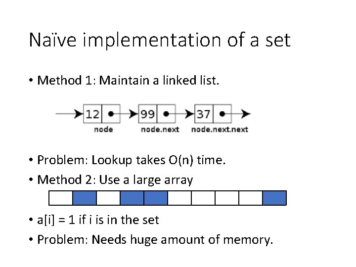 Naïve implementation of a set • Method 1: Maintain a linked list. • Problem: Naïve implementation of a set • Method 1: Maintain a linked list. • Problem: