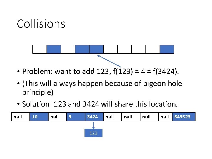 Collisions • Problem: want to add 123, f(123) = 4 = f(3424). • (This Collisions • Problem: want to add 123, f(123) = 4 = f(3424). • (This