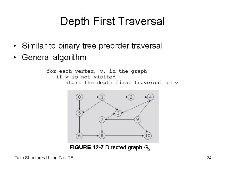 Depth First Traversal • Similar to binary tree preorder traversal • General algorithm FIGURE Depth First Traversal • Similar to binary tree preorder traversal • General algorithm FIGURE