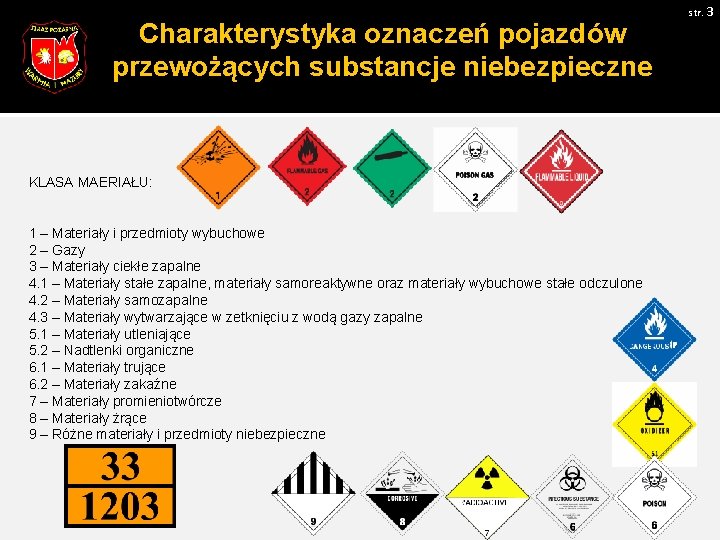 Charakterystyka oznaczeń pojazdów przewożących substancje niebezpieczne KLASA MAERIAŁU: 1 – Materiały i przedmioty wybuchowe