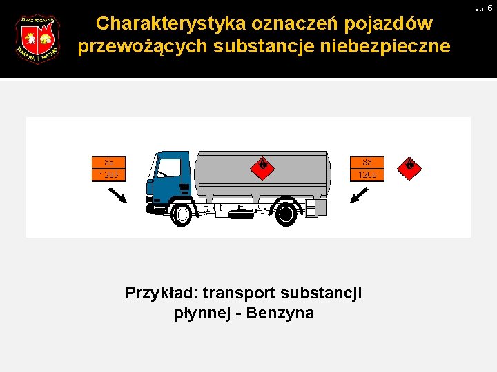 Charakterystyka oznaczeń pojazdów przewożących substancje niebezpieczne Przykład: transport substancji płynnej - Benzyna str. 6