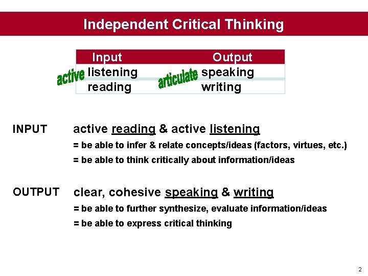 Independent Critical Thinking Input listening reading INPUT Output speaking writing active reading & active