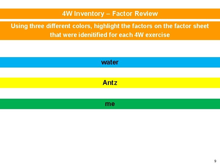 4 W Inventory – Factor Review Using three different colors, highlight the factors on