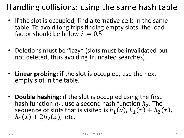 Handling collisions: using the same hash table • Hashing © Dept. CS, UPC 11