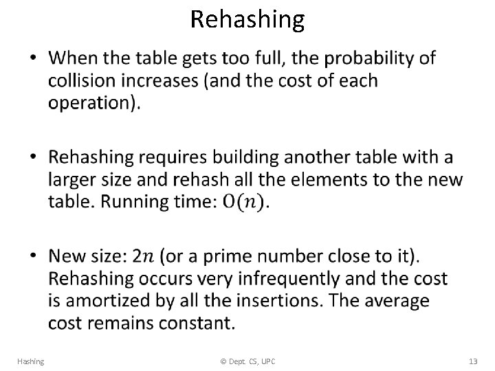 Rehashing • Hashing © Dept. CS, UPC 13 