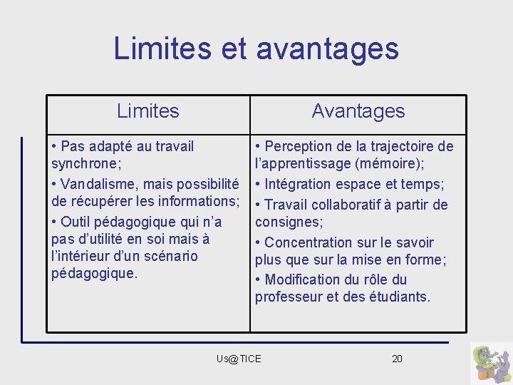 Limites et avantages Limites Avantages • Pas adapté au travail synchrone; • Vandalisme, mais