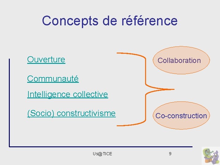 Concepts de référence Ouverture Collaboration Communauté Intelligence collective (Socio) constructivisme Us@TICE Co-construction 9 