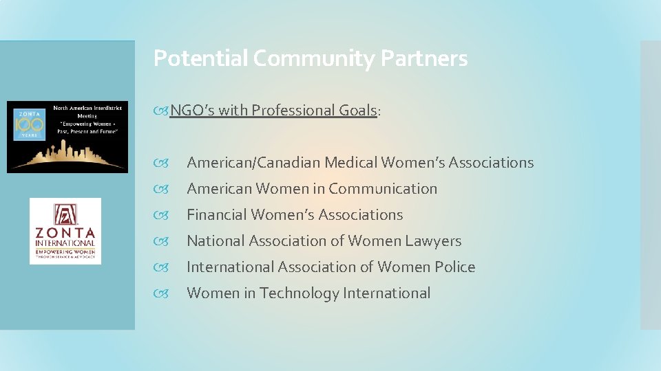 Potential Community Partners NGO’s with Professional Goals: American/Canadian Medical Women’s Associations American Women in
