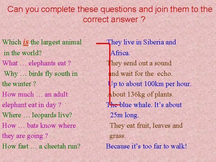 Can you complete these questions and join them to the correct answer ? Which