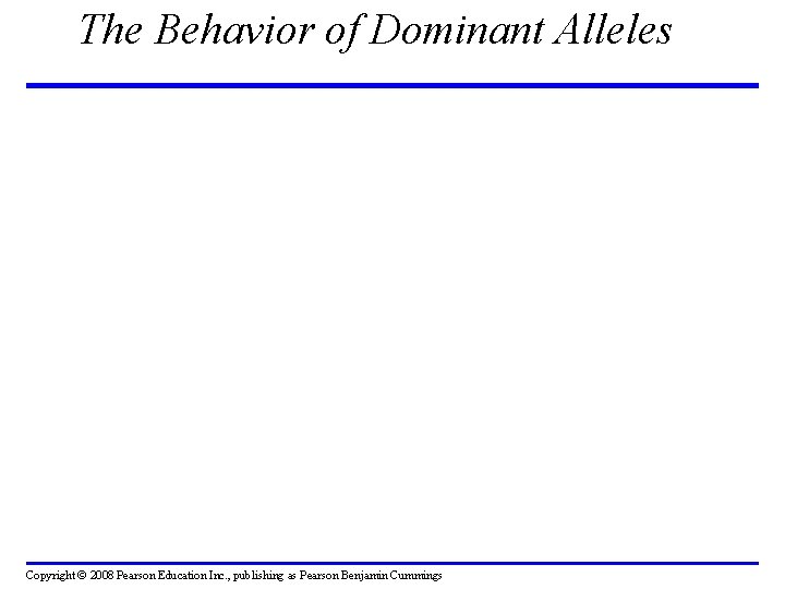 The Behavior of Dominant Alleles Copyright © 2008 Pearson Education Inc. , publishing as