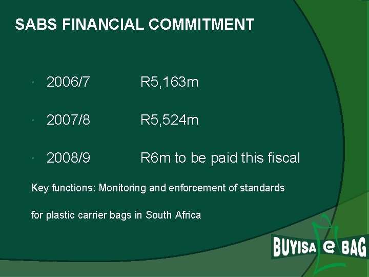 SABS FINANCIAL COMMITMENT 2006/7 R 5, 163 m 2007/8 R 5, 524 m 2008/9