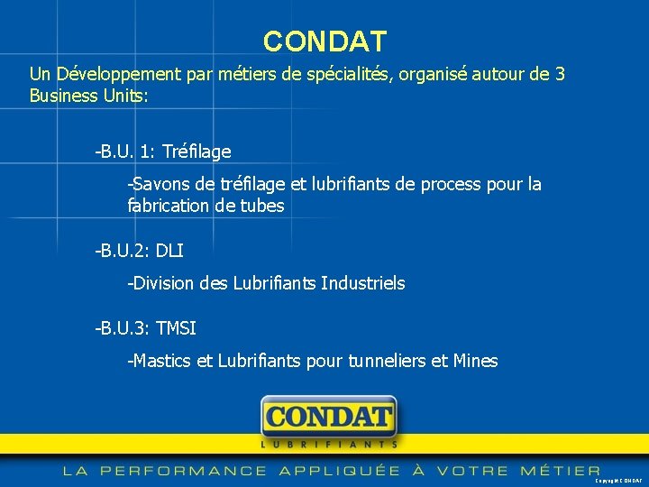 CONDAT Un Développement par métiers de spécialités, organisé autour de 3 Business Units: -B.