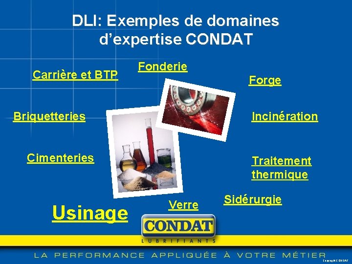 DLI: Exemples de domaines d’expertise CONDAT Carrière et BTP Fonderie Forge Briquetteries Incinération Cimenteries