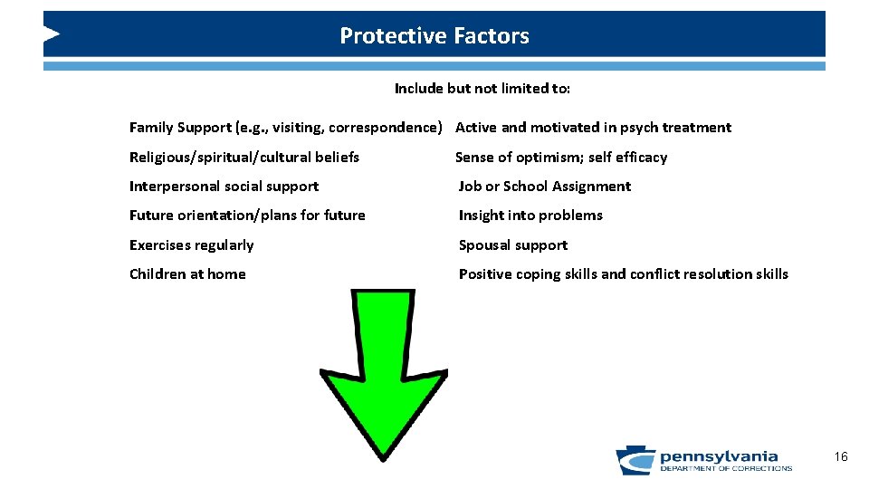 Protective Factors Include but not limited to: Family Support (e. g. , visiting, correspondence)