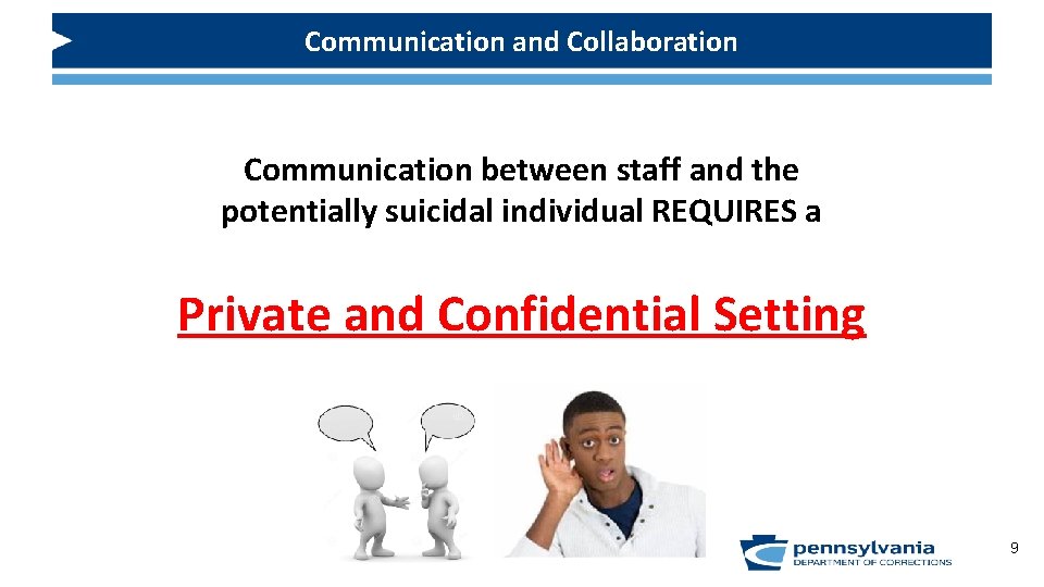 Communication and Collaboration Communication between staff and the potentially suicidal individual REQUIRES a Private
