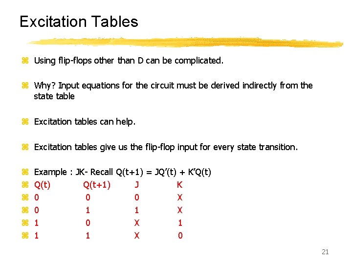 Excitation Tables z Using flip-flops other than D can be complicated. z Why? Input