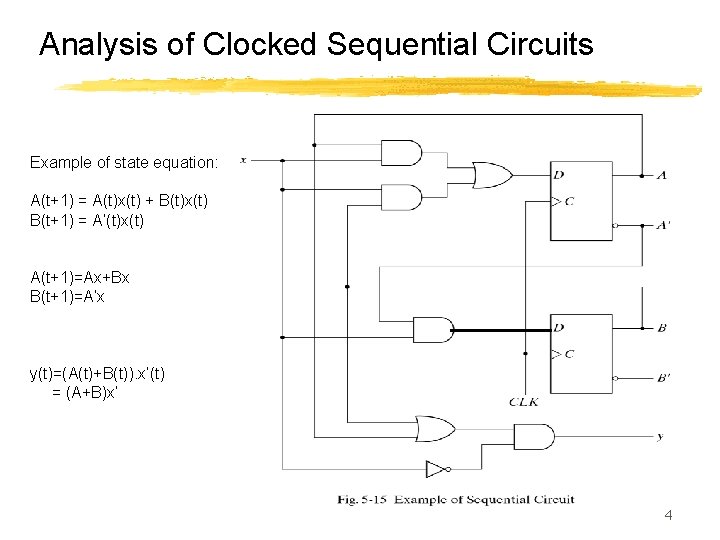 Analysis of Clocked Sequential Circuits Example of state equation: A(t+1) = A(t)x(t) + B(t)x(t)