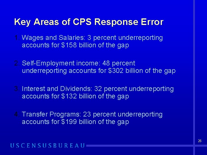 Key Areas of CPS Response Error 1. Wages and Salaries: 3 percent underreporting accounts
