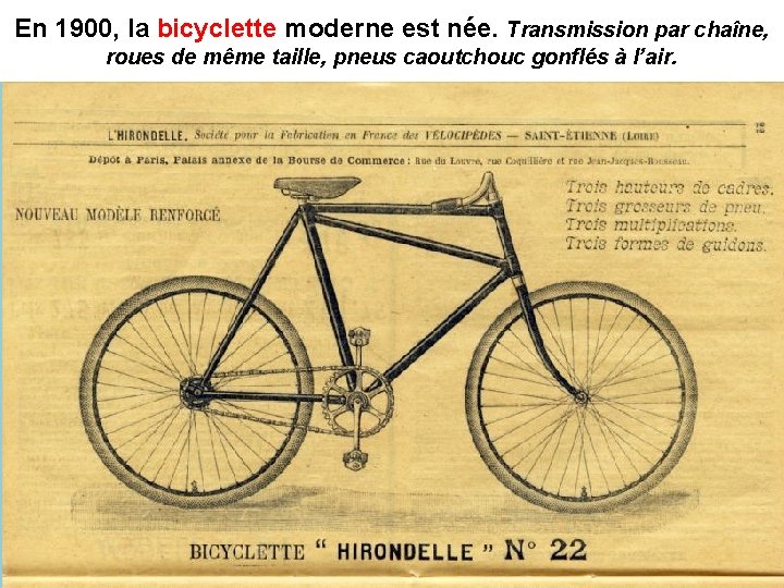 En 1900, la bicyclette moderne est née. Transmission par chaîne, roues de même taille,