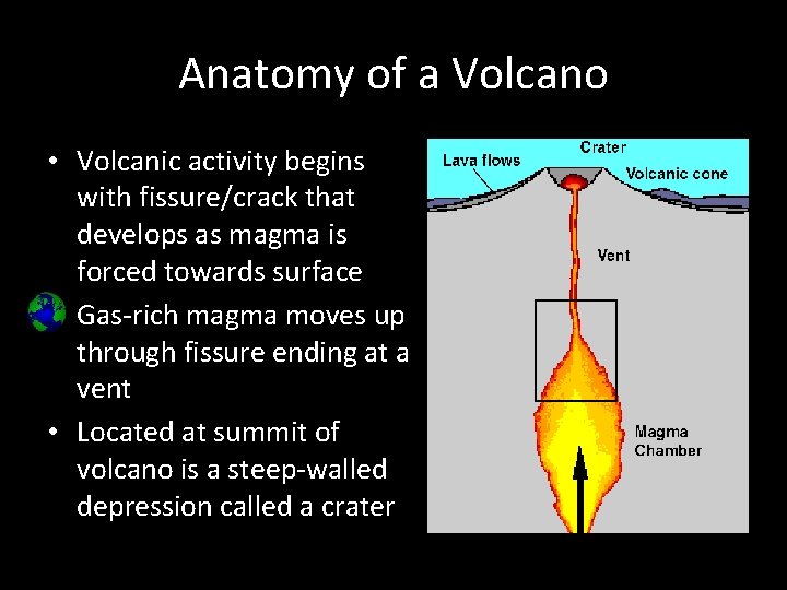 Anatomy of a Volcano • Volcanic activity begins with fissure/crack that develops as magma