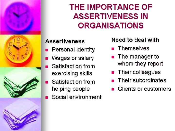 THE IMPORTANCE OF ASSERTIVENESS IN ORGANISATIONS Assertiveness n Personal identity n Wages or salary