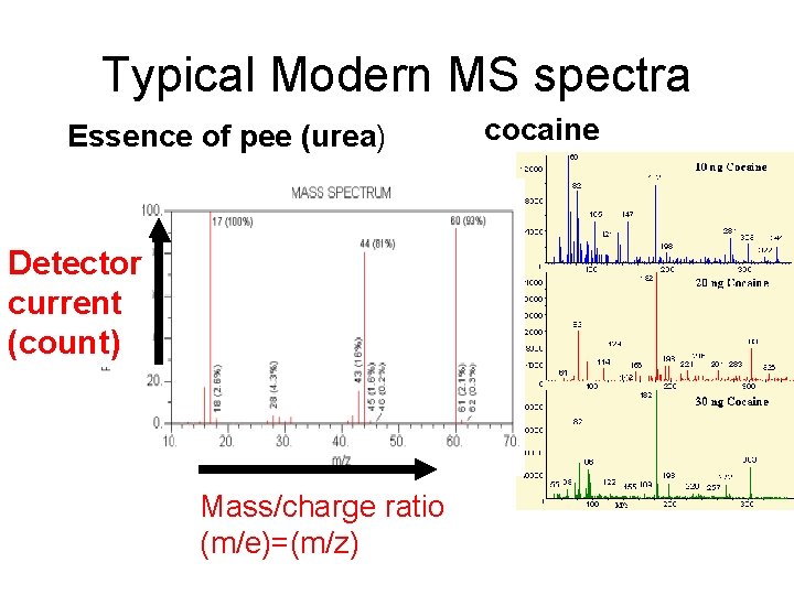 Typical Modern MS spectra Essence of pee (urea) Detector current (count) Mass/charge ratio (m/e)=(m/z)