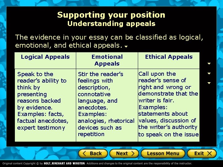 Supporting your position Understanding appeals The evidence in your essay can be classified as