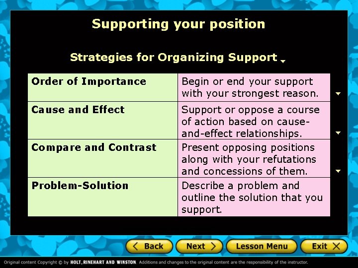 Supporting your position Strategies for Organizing Support Order of Importance Begin or end your