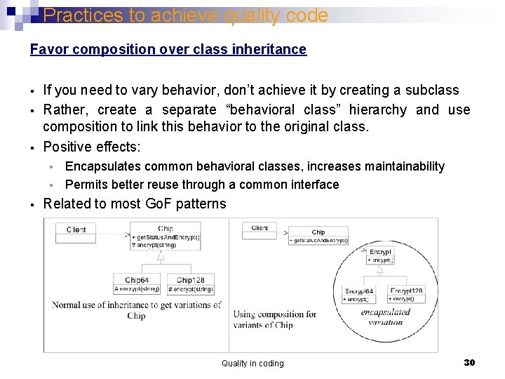 Practices to achieve quality code Favor composition over class inheritance § § § If