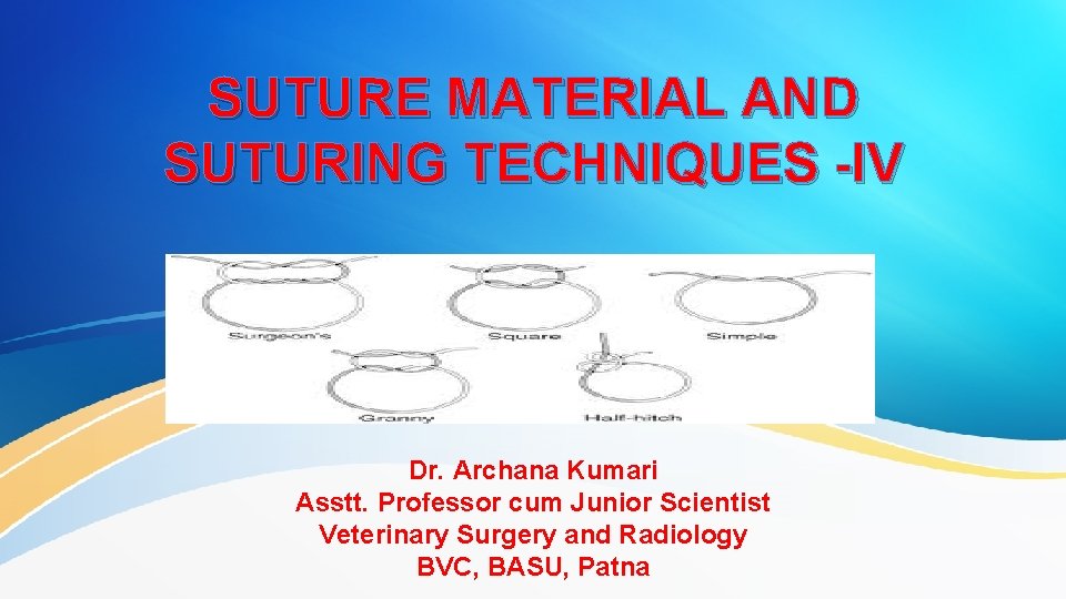 SUTURE MATERIAL AND SUTURING TECHNIQUES -IV Dr. Archana Kumari Asstt. Professor cum Junior Scientist