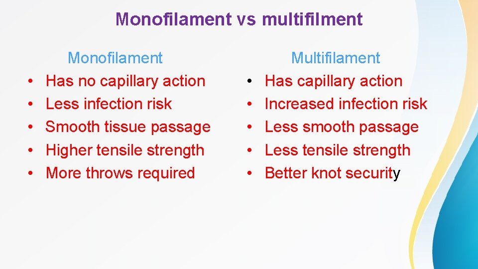 Monofilament vs multifilment • • • Monofilament Has no capillary action Less infection risk