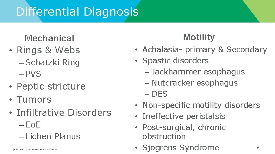 Differential Diagnosis Mechanical • Rings & Webs – Schatzki Ring – PVS • Peptic