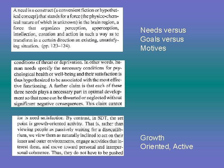 Needs versus Goals versus Motives Growth Oriented, Active 