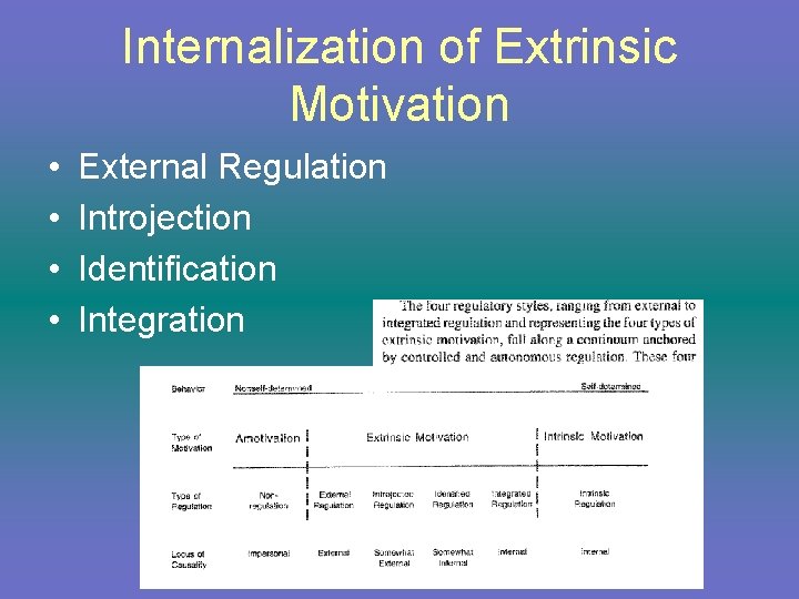 Internalization of Extrinsic Motivation • • External Regulation Introjection Identification Integration 