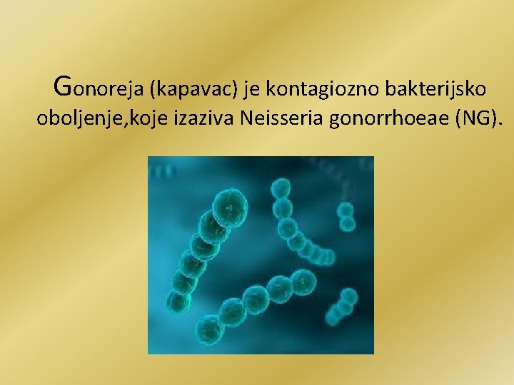 Gonoreja (kapavac) je kontagiozno bakterijsko oboljenje, koje izaziva Neisseria gonorrhoeae (NG). 