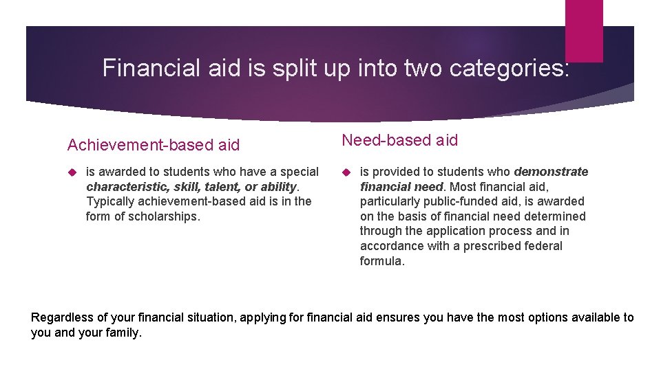 Financial aid is split up into two categories: Achievement-based aid is awarded to students