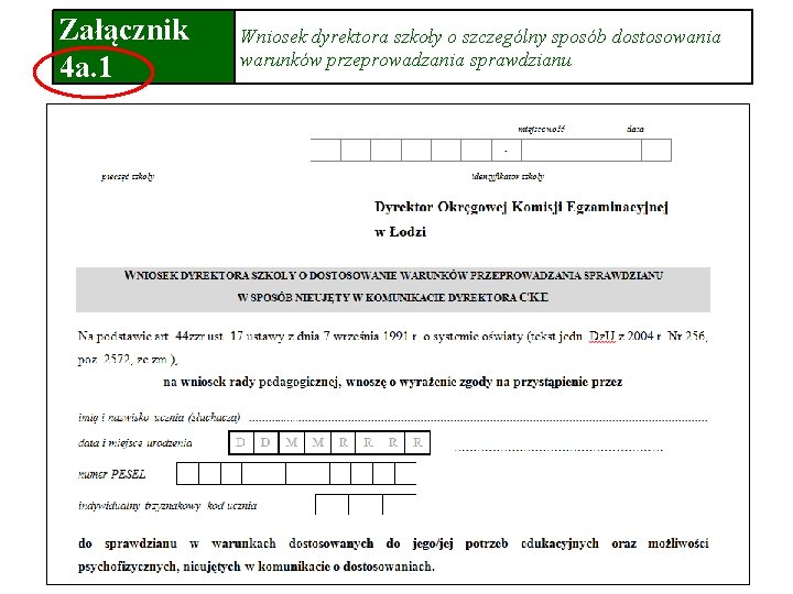 Załącznik 4 a. 1 Wniosek dyrektora szkoły o szczególny sposób dostosowania warunków przeprowadzania sprawdzianu