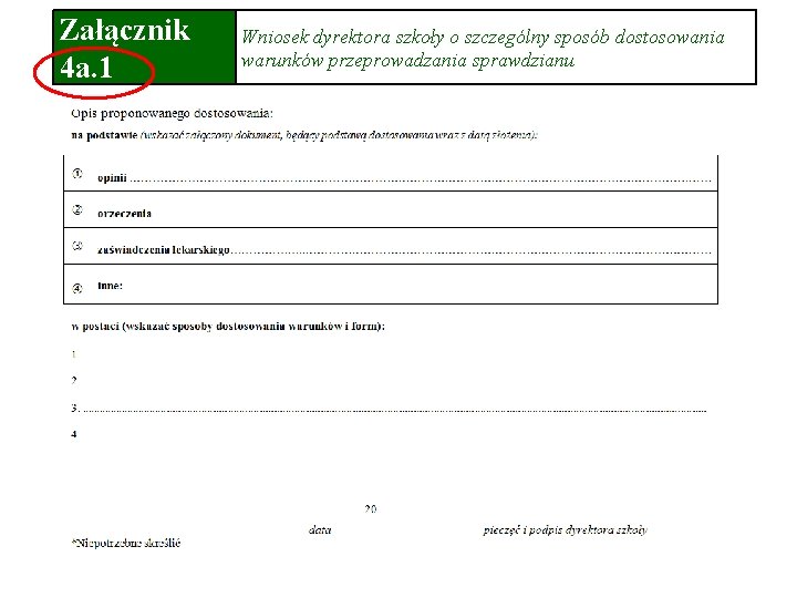 Załącznik 4 a. 1 Wniosek dyrektora szkoły o szczególny sposób dostosowania warunków przeprowadzania sprawdzianu