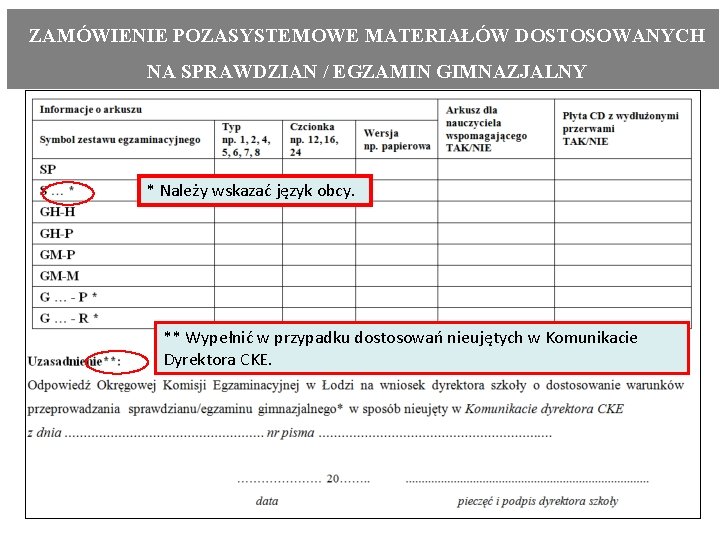 ZAMÓWIENIE POZASYSTEMOWE MATERIAŁÓW DOSTOSOWANYCH NA SPRAWDZIAN / EGZAMIN GIMNAZJALNY * Należy wskazać język obcy.